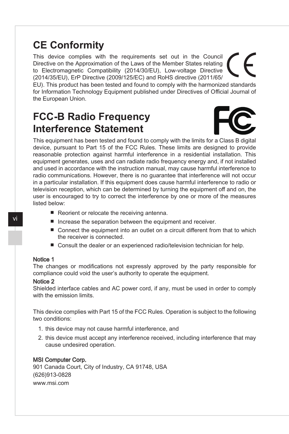 Ce conformity, Fcc-b radio frequency interference statement | MSI Optix MAG301CR2 29.5" 21:9 Curved Ultrawide 200 Hz HDR Ready VA Gaming Monitor User Manual | Page 6 / 31