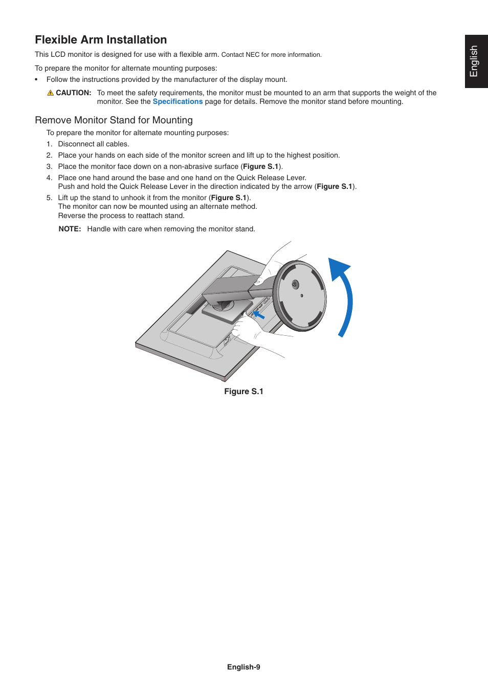 Flexible arm installation, English, Remove monitor stand for mounting | NEC EA271Q-BK 27" 16:9 IPS Monitor User Manual | Page 11 / 39