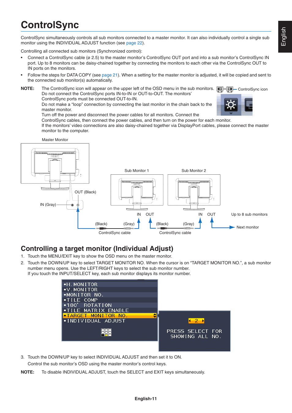 Controlsync, Controlling a target monitor (individual adjust), English | NEC EA271Q-BK 27" 16:9 IPS Monitor User Manual | Page 13 / 39