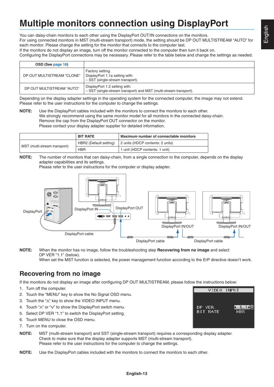 Multiple monitors connection using displayport, Recovering from no image, English | NEC EA271Q-BK 27" 16:9 IPS Monitor User Manual | Page 15 / 39