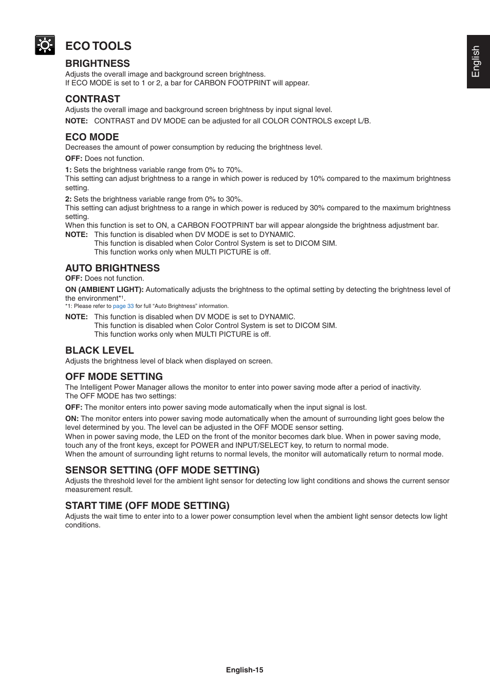 Eco tools, English, Brightness | Contrast, Eco mode, Auto brightness, Black level, Off mode setting, Sensor setting (off mode setting), Start time (off mode setting) | NEC EA271Q-BK 27" 16:9 IPS Monitor User Manual | Page 17 / 39