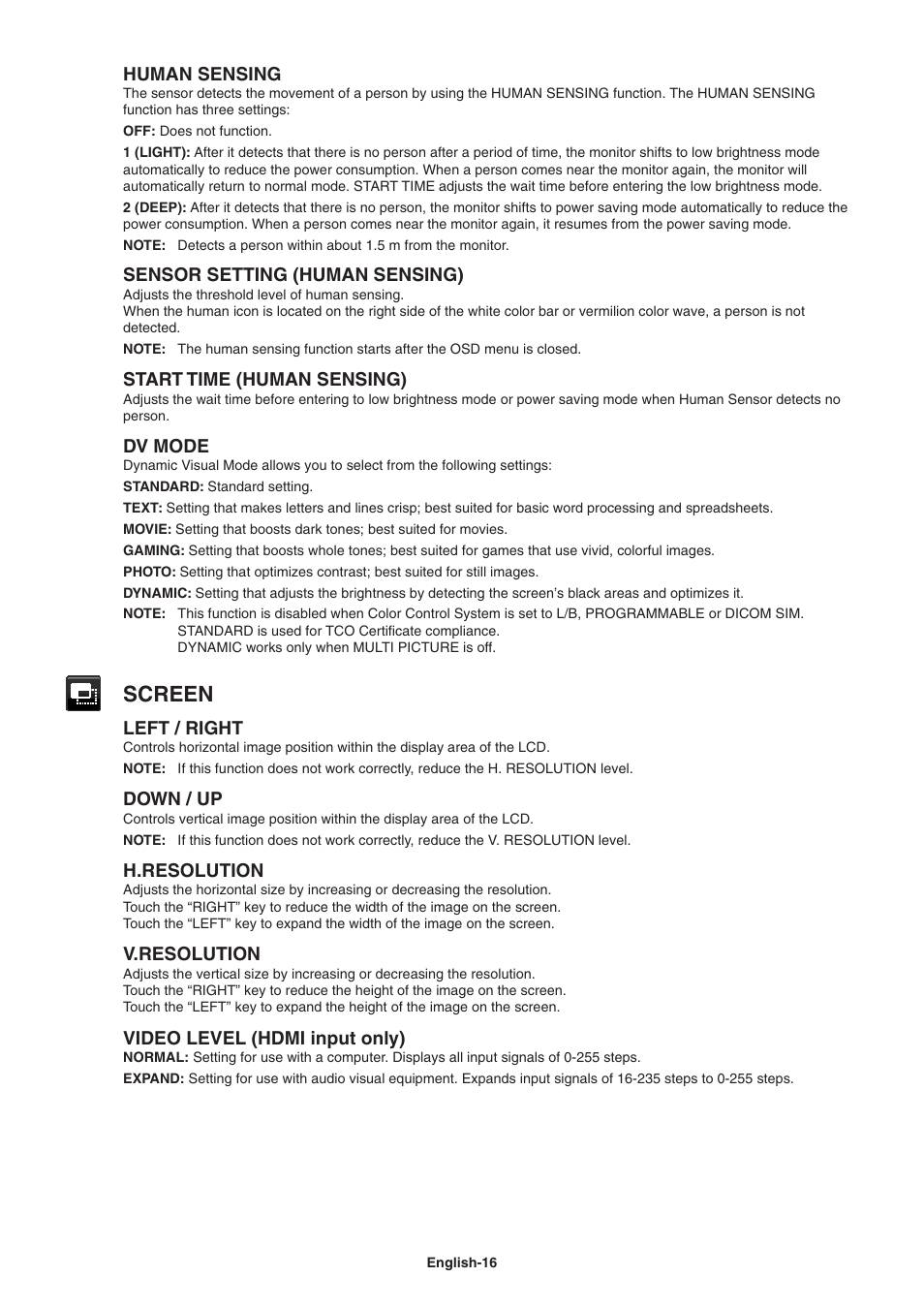 Screen, Human sensing, Sensor setting (human sensing) | Start time (human sensing), Dv mode, Left / right, Down / up, H.resolution, V.resolution, Video level (hdmi input only) | NEC EA271Q-BK 27" 16:9 IPS Monitor User Manual | Page 18 / 39