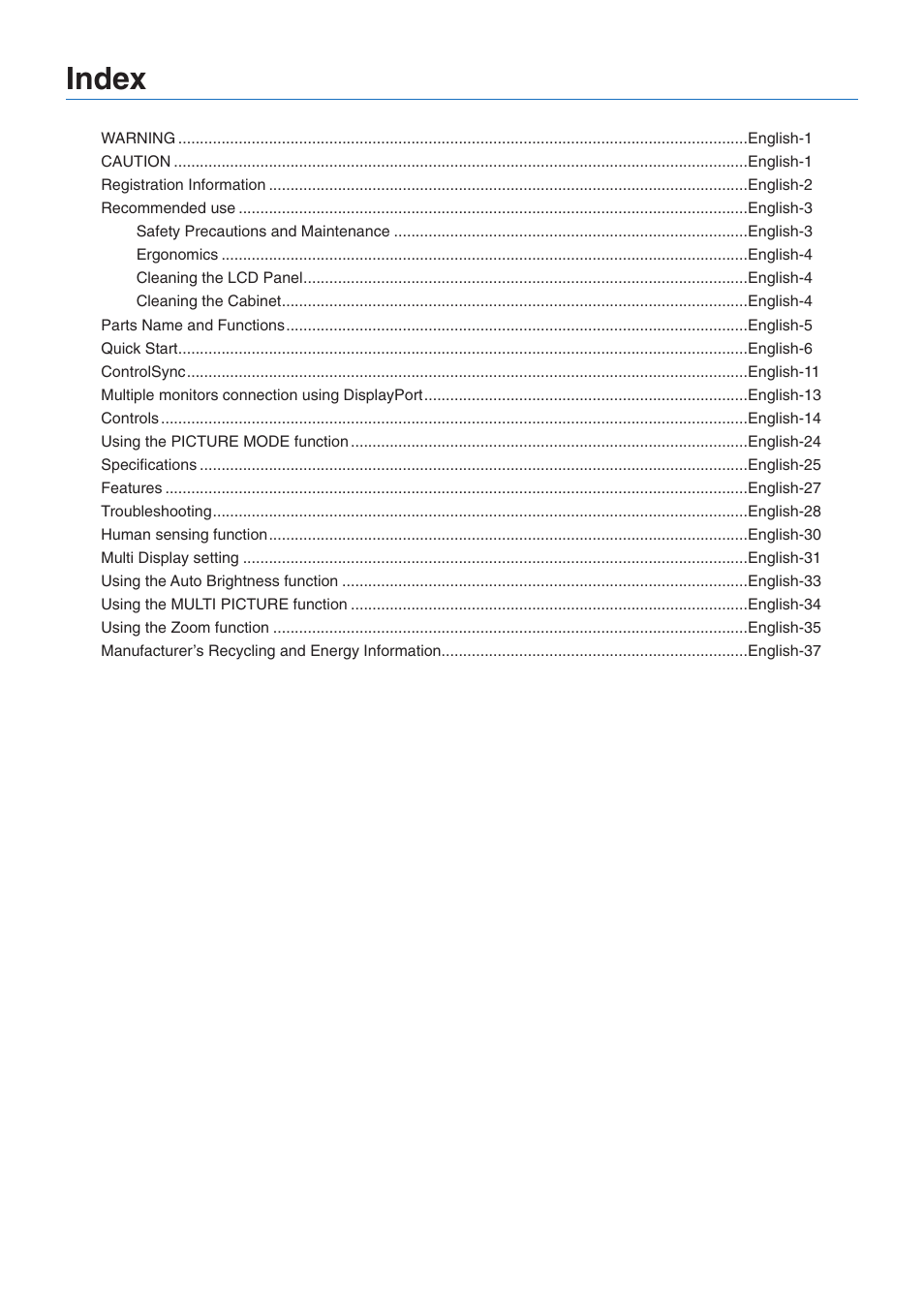 Index | NEC EA271Q-BK 27" 16:9 IPS Monitor User Manual | Page 2 / 39