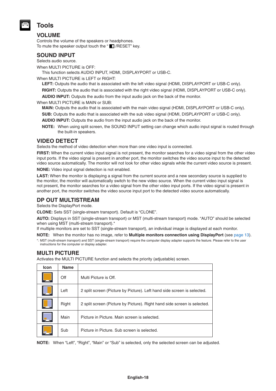 Tools, Volume, Sound input | Video detect, Dp out multistream, Multi picture | NEC EA271Q-BK 27" 16:9 IPS Monitor User Manual | Page 20 / 39