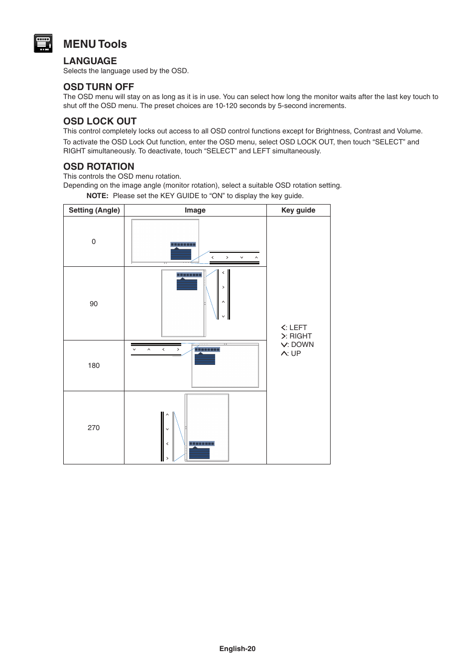 Menu tools, Language, Osd turn off | Osd lock out, Osd rotation | NEC EA271Q-BK 27" 16:9 IPS Monitor User Manual | Page 22 / 39