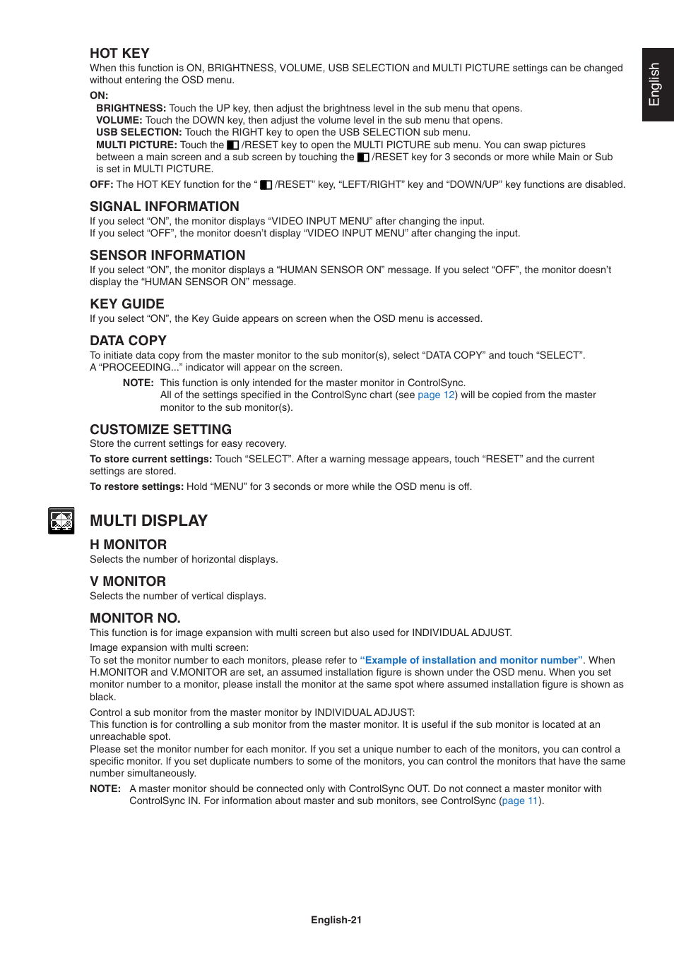 Multi display, English hot key, Signal information | Sensor information, Key guide, Data copy, Customize setting, H monitor, V monitor, Monitor no | NEC EA271Q-BK 27" 16:9 IPS Monitor User Manual | Page 23 / 39