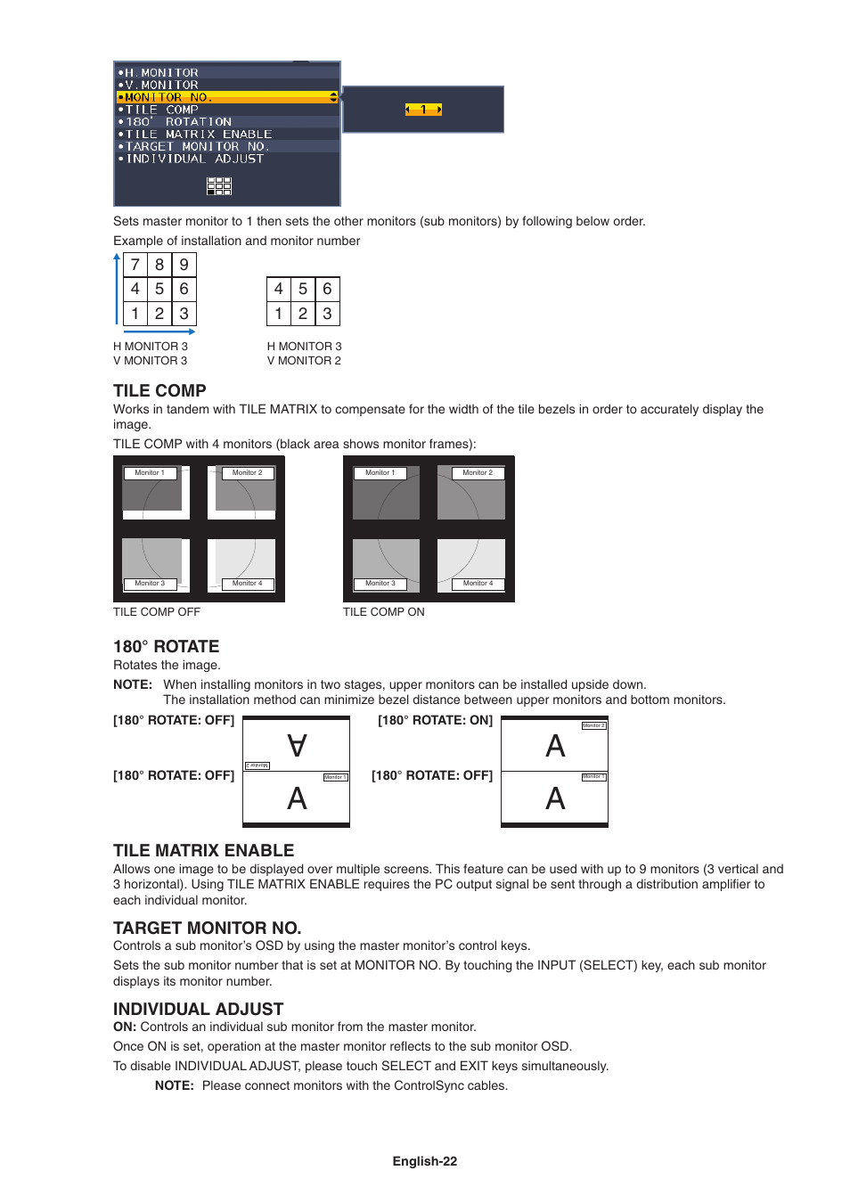 Example of installation and monitor number, Tile comp, 180° rotate | Tile matrix enable, Target monitor no, Individual adjust | NEC EA271Q-BK 27" 16:9 IPS Monitor User Manual | Page 24 / 39
