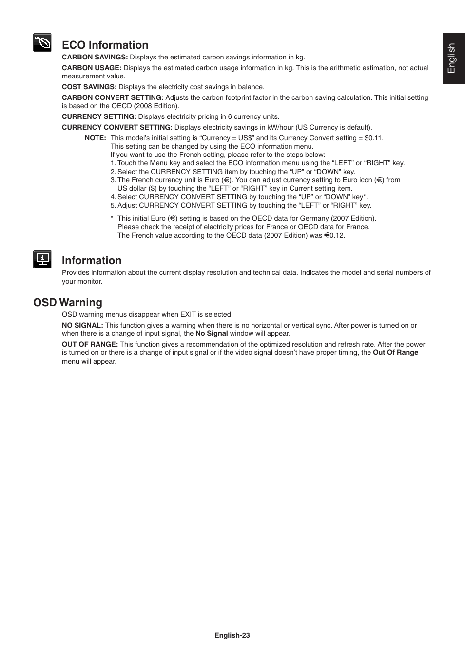 Eco information, Information, Osd warning | English | NEC EA271Q-BK 27" 16:9 IPS Monitor User Manual | Page 25 / 39