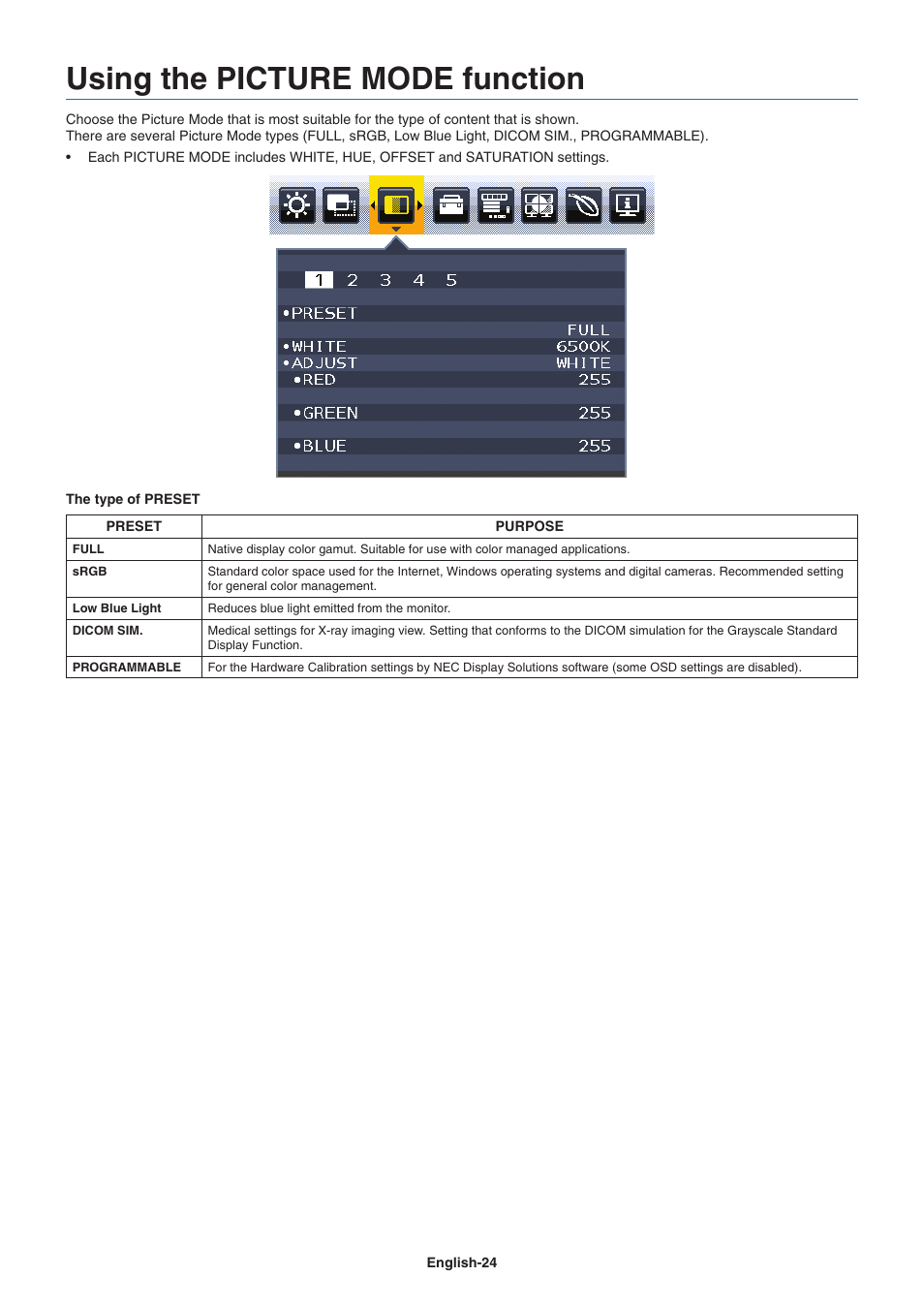 Using the picture mode function | NEC EA271Q-BK 27" 16:9 IPS Monitor User Manual | Page 26 / 39