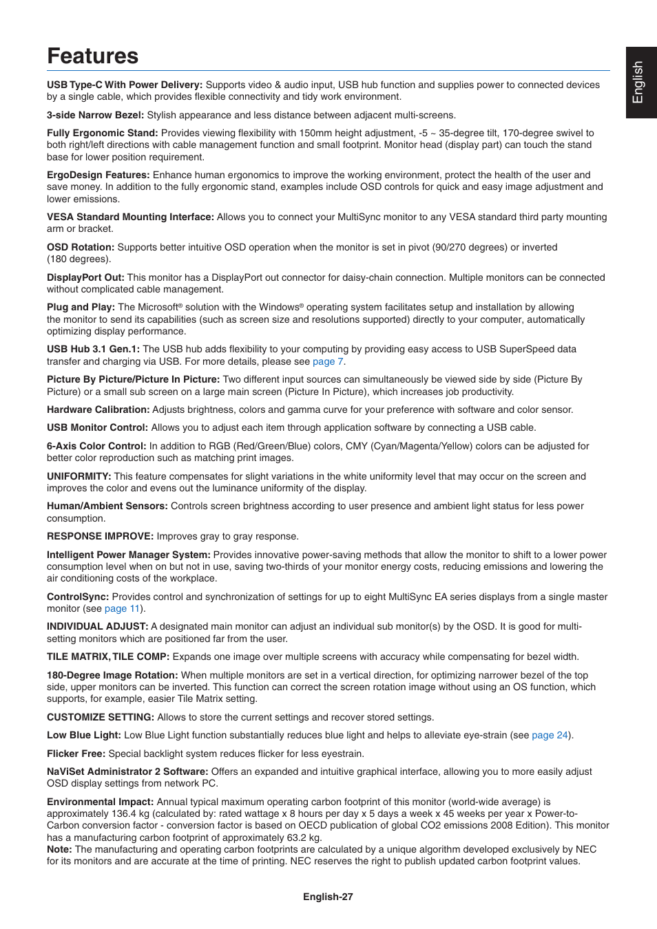 Features, English | NEC EA271Q-BK 27" 16:9 IPS Monitor User Manual | Page 29 / 39