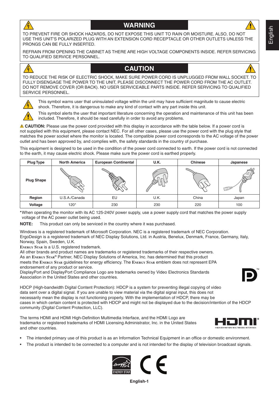 Warning, Caution, English | NEC EA271Q-BK 27" 16:9 IPS Monitor User Manual | Page 3 / 39