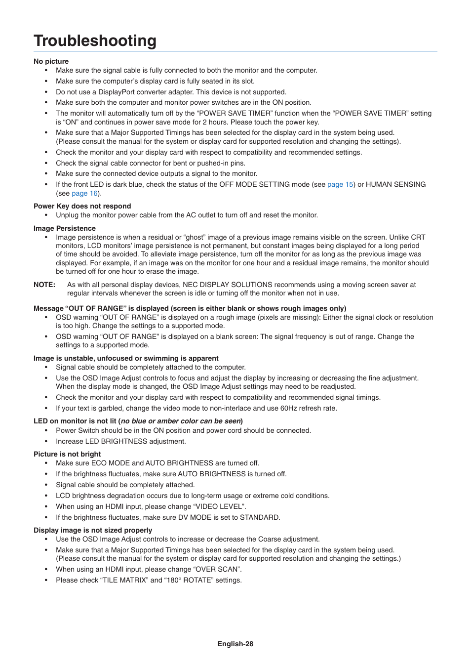 Troubleshooting, If you have any problems, please refer to the | NEC EA271Q-BK 27" 16:9 IPS Monitor User Manual | Page 30 / 39