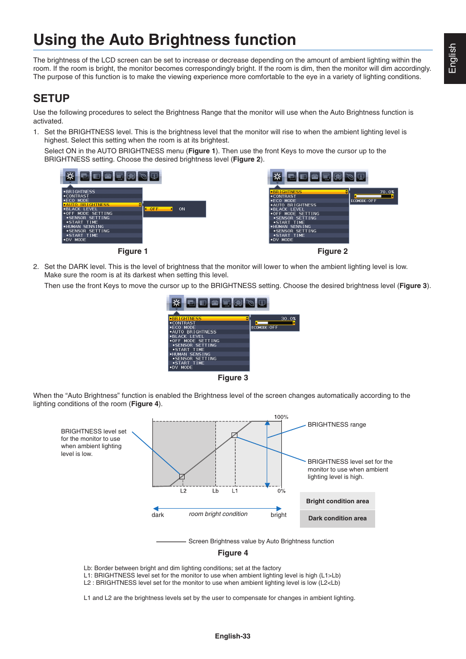 Using the auto brightness function, Setup, English | NEC EA271Q-BK 27" 16:9 IPS Monitor User Manual | Page 35 / 39