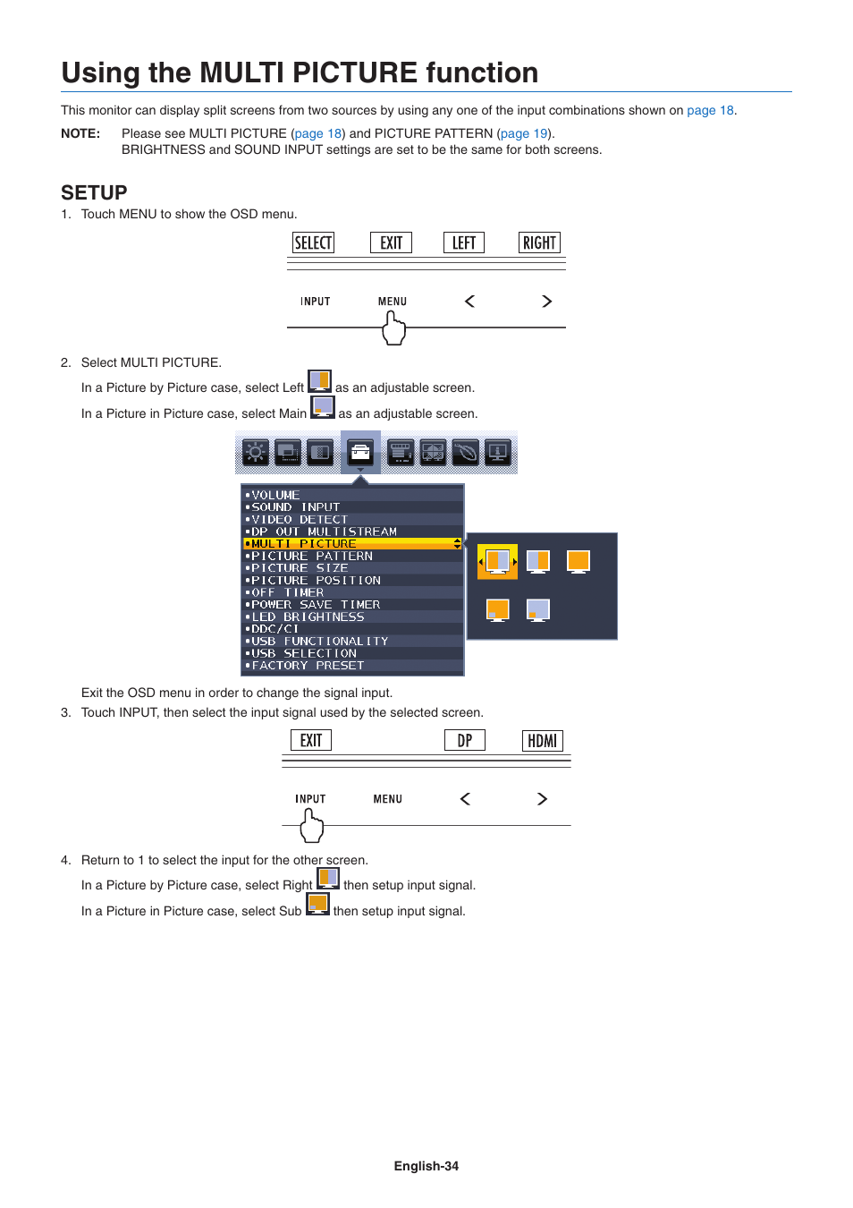 Using the multi picture function, Setup | NEC EA271Q-BK 27" 16:9 IPS Monitor User Manual | Page 36 / 39