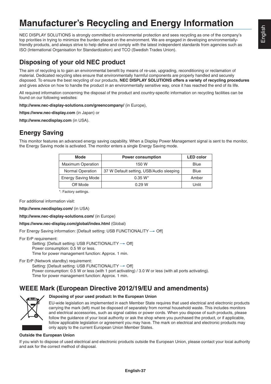 Manufacturer’s recycling and energy information, Disposing of your old nec product, Energy saving | English | NEC EA271Q-BK 27" 16:9 IPS Monitor User Manual | Page 39 / 39