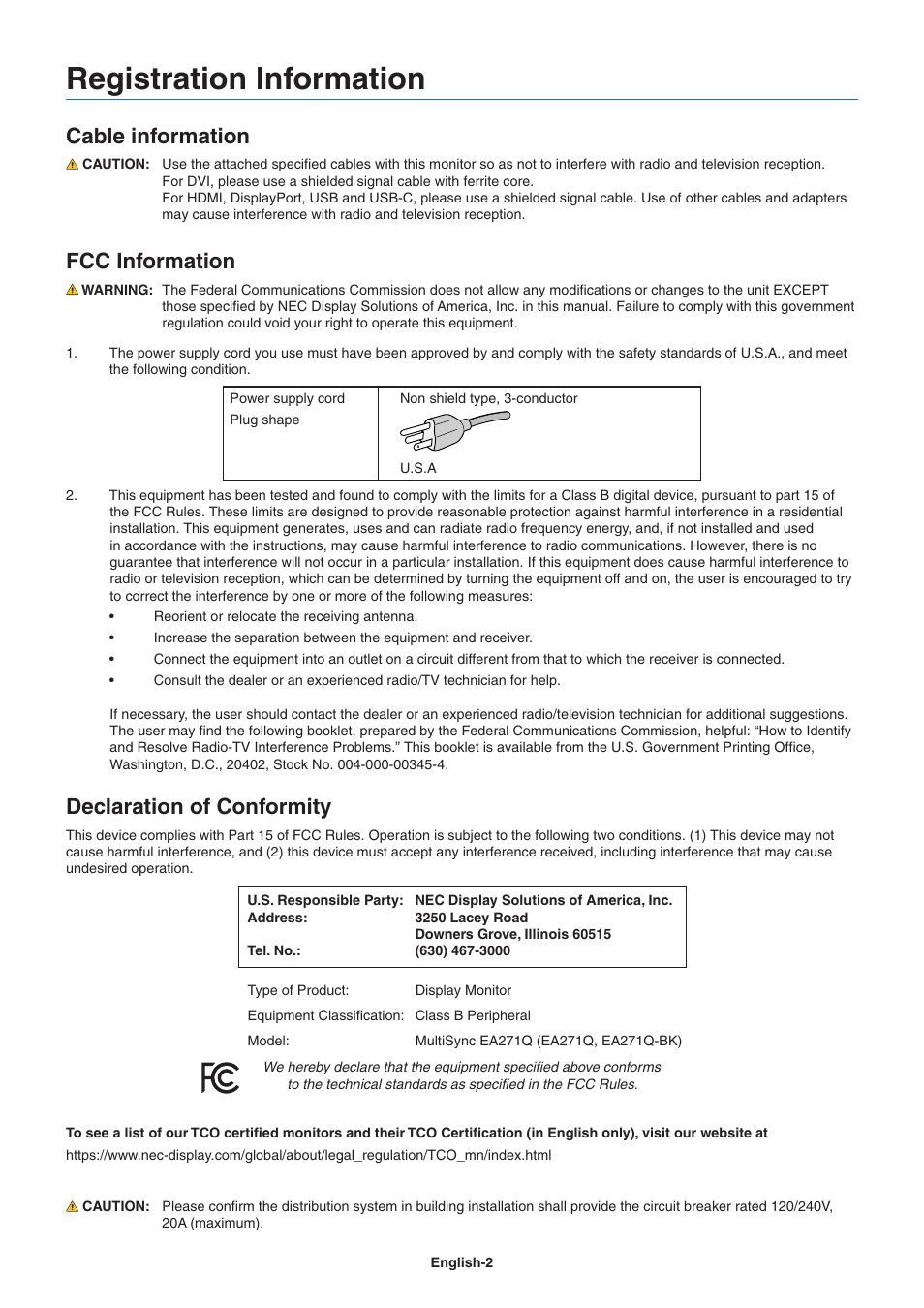 Registration information, Cable information, Fcc information | Declaration of conformity | NEC EA271Q-BK 27" 16:9 IPS Monitor User Manual | Page 4 / 39