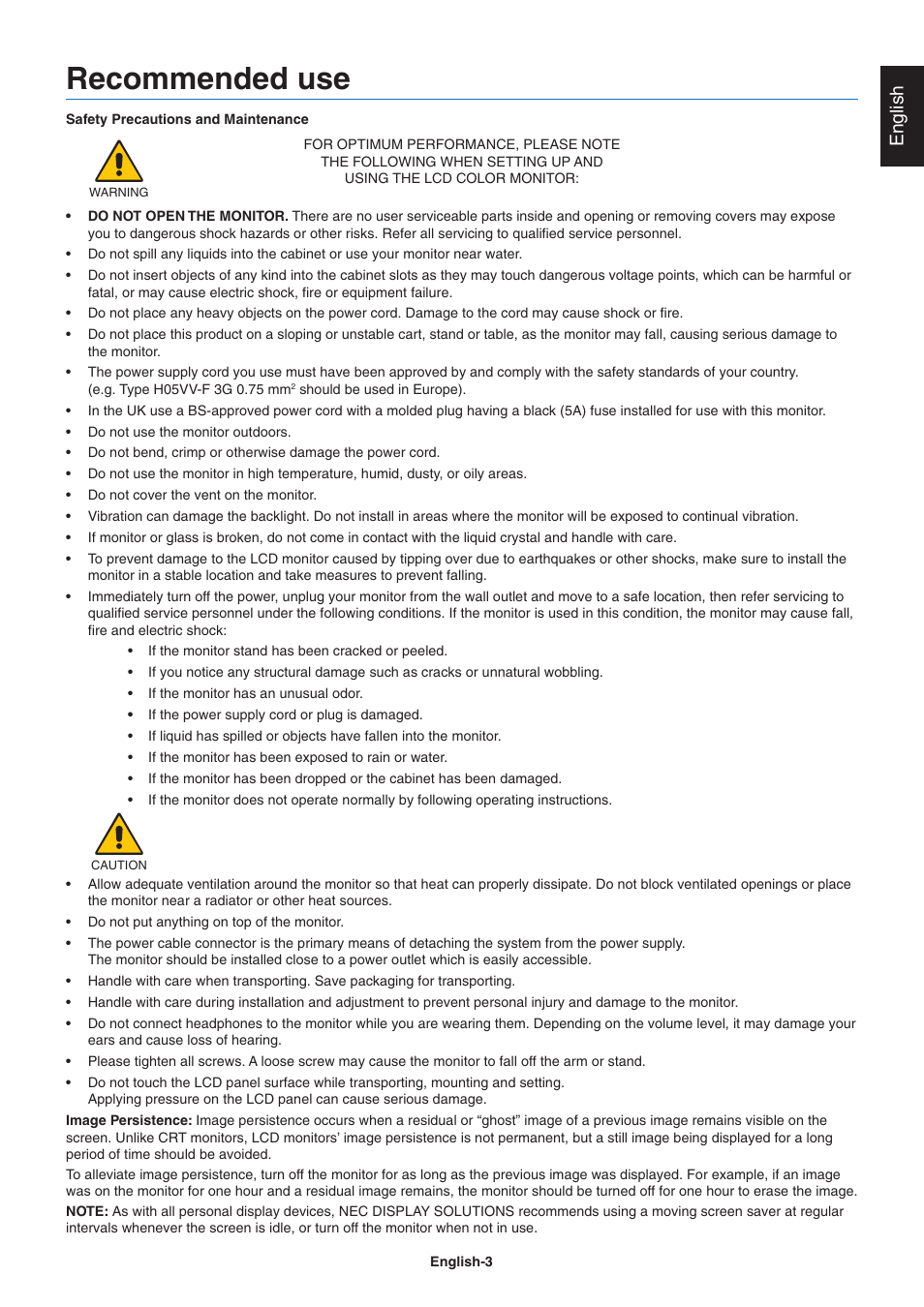 Recommended use, Safety precautions and maintenance, English | NEC EA271Q-BK 27" 16:9 IPS Monitor User Manual | Page 5 / 39