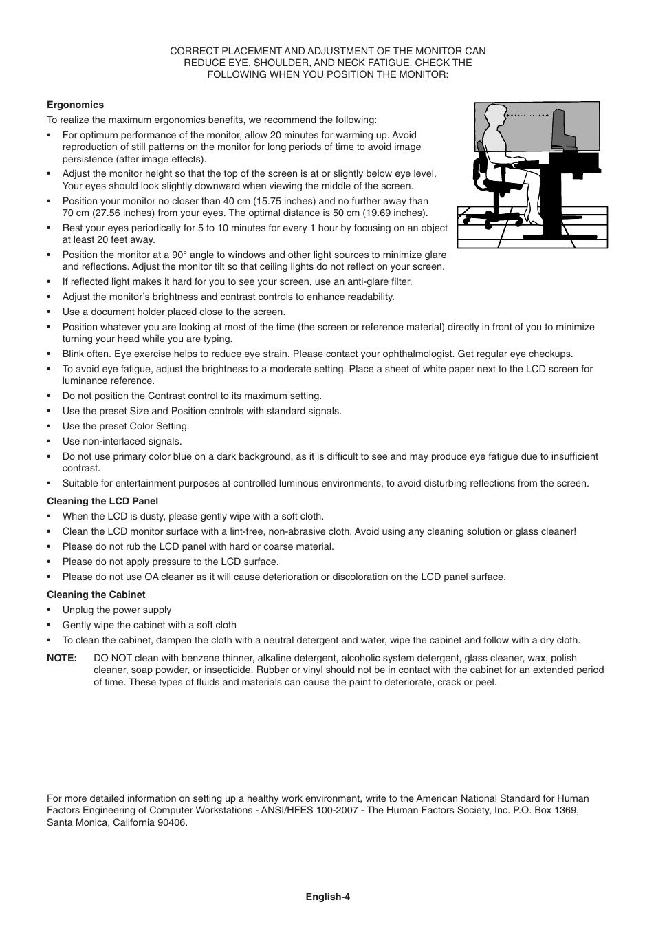 Ergonomics, Cleaning the lcd panel, Cleaning the cabinet | NEC EA271Q-BK 27" 16:9 IPS Monitor User Manual | Page 6 / 39