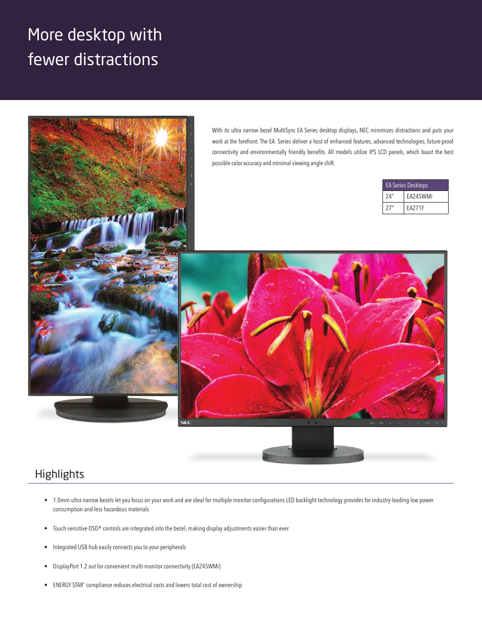 More desktop with fewer distractions, Highlights | NEC EA271F-BK 27" 16:9 IPS Monitor User Manual | Page 2 / 4