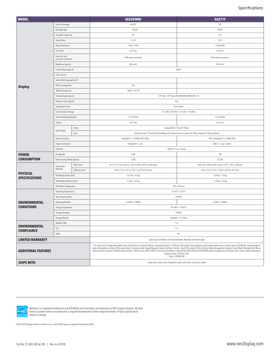 Specifications, Power consumption, Physical specifications | Environmental conditions, Environmental compliance, Limited warranty, Additional features, Ships with | NEC EA271F-BK 27" 16:9 IPS Monitor User Manual | Page 4 / 4