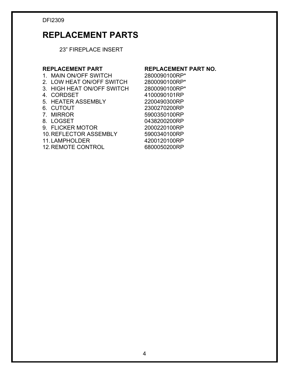 Replacement parts | Dimplex DFI2309 User Manual | Page 6 / 16