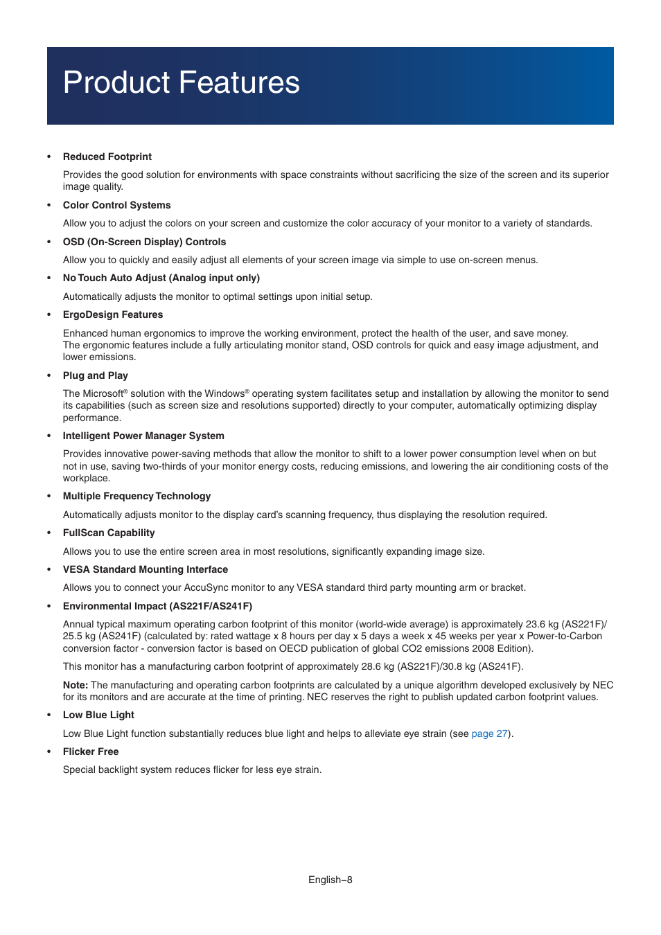 Product features | NEC AccuSync AS221F-BK 21.5" 16:9 IPS Monitor User Manual | Page 10 / 32