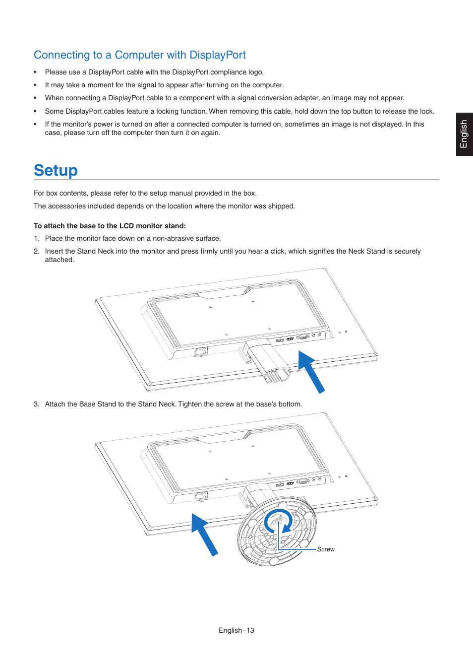 Setup, Connecting to a computer with displayport | NEC AccuSync AS221F-BK 21.5" 16:9 IPS Monitor User Manual | Page 15 / 32