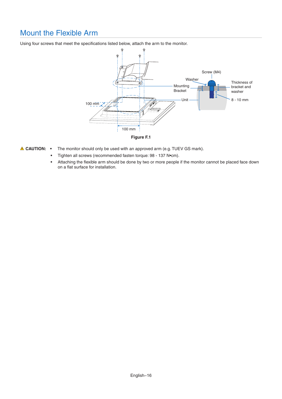 Mount the flexible arm | NEC AccuSync AS221F-BK 21.5" 16:9 IPS Monitor User Manual | Page 18 / 32