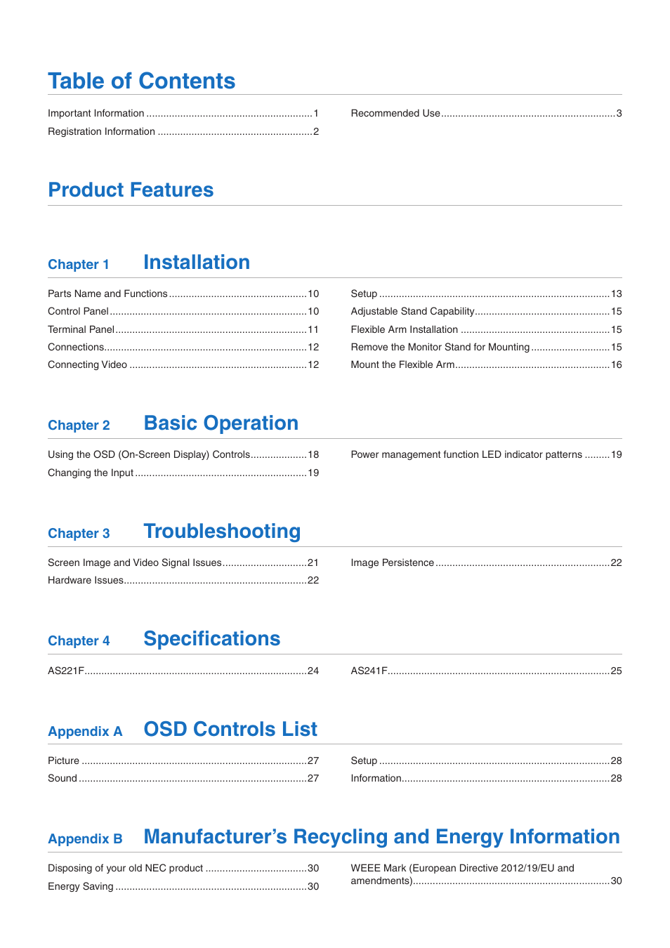 NEC AccuSync AS221F-BK 21.5" 16:9 IPS Monitor User Manual | Page 2 / 32