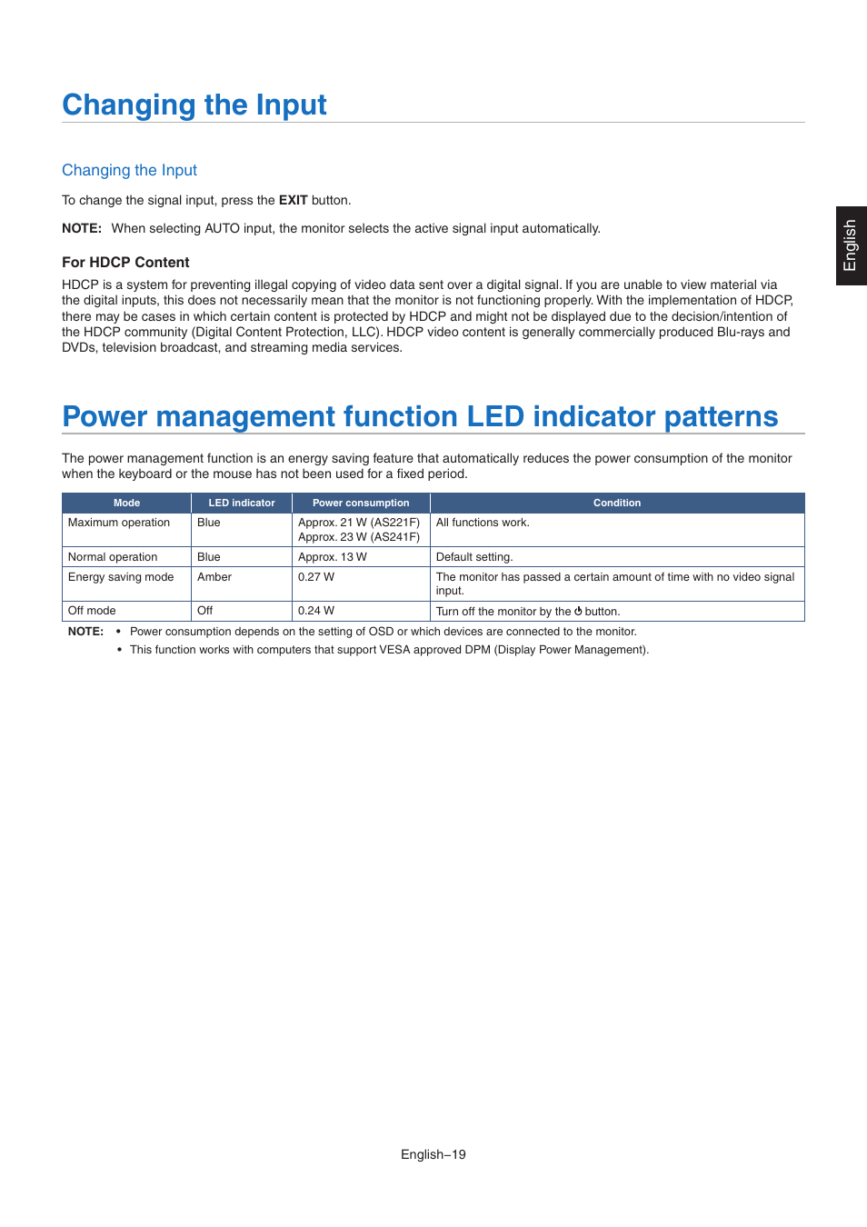 Changing the input, Power management function led indicator patterns | NEC AccuSync AS221F-BK 21.5" 16:9 IPS Monitor User Manual | Page 21 / 32