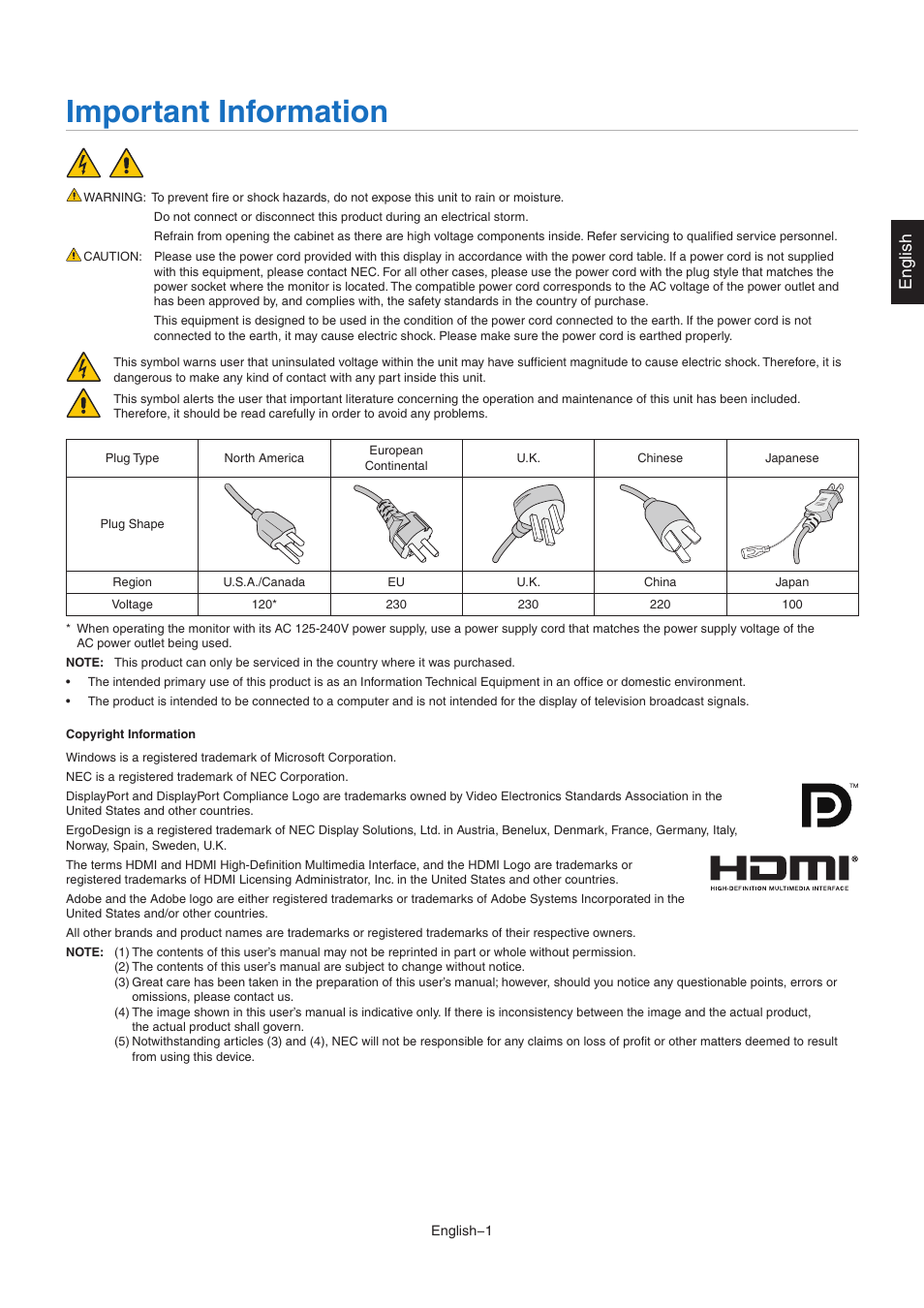 Important information, English | NEC AccuSync AS221F-BK 21.5" 16:9 IPS Monitor User Manual | Page 3 / 32