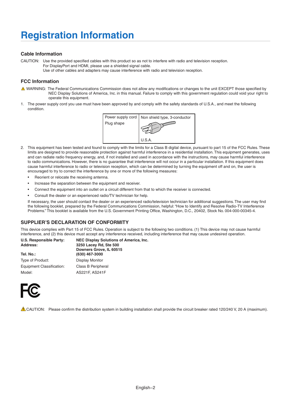 Registration information | NEC AccuSync AS221F-BK 21.5" 16:9 IPS Monitor User Manual | Page 4 / 32