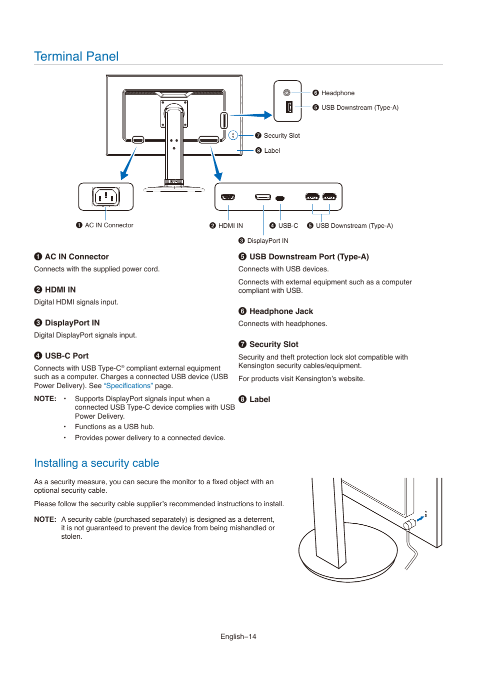 Terminal panel, Installing a security cable | NEC MultiSync E273F-BK 27" 16:9 Full HD IPS Monitor User Manual | Page 16 / 36