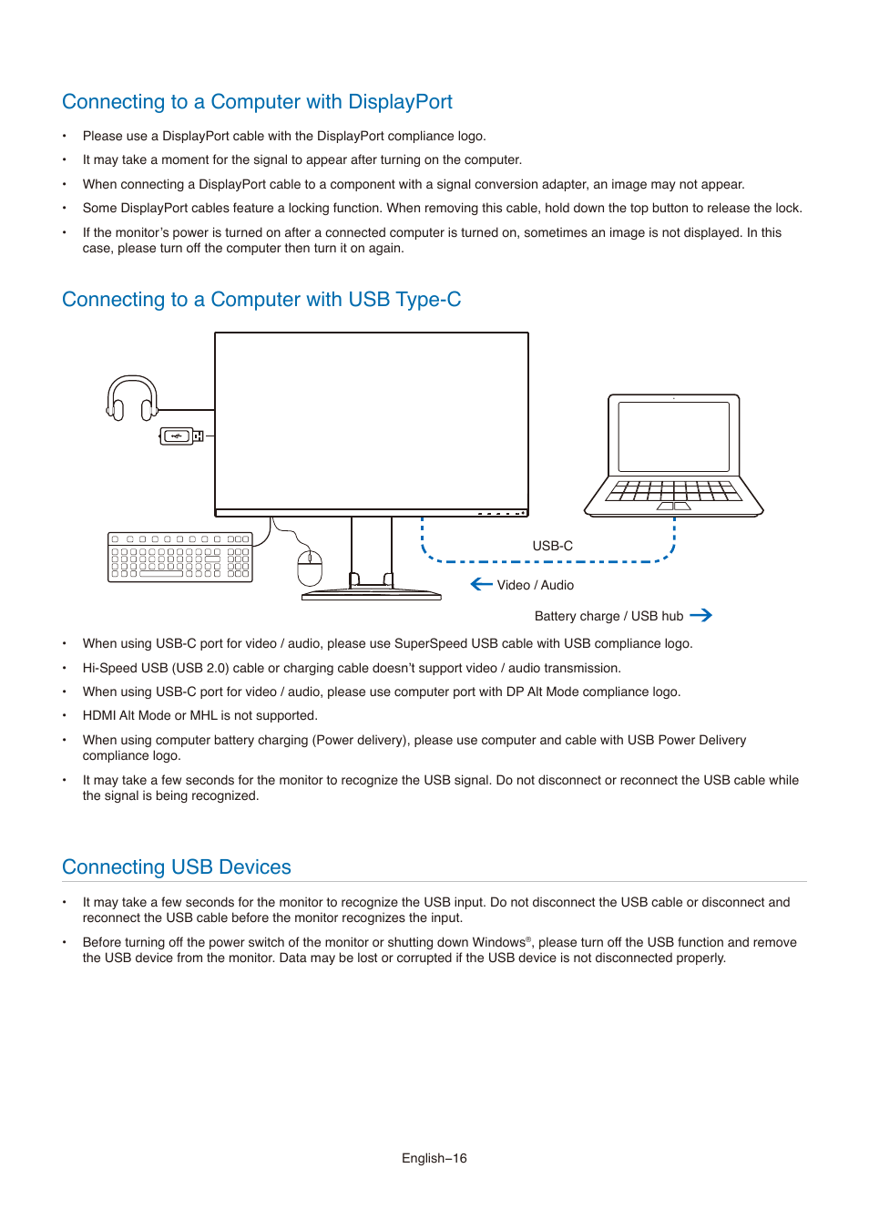 Connecting to a computer with displayport, Connecting to a computer with usb type-c, Connecting usb devices | NEC MultiSync E273F-BK 27" 16:9 Full HD IPS Monitor User Manual | Page 18 / 36