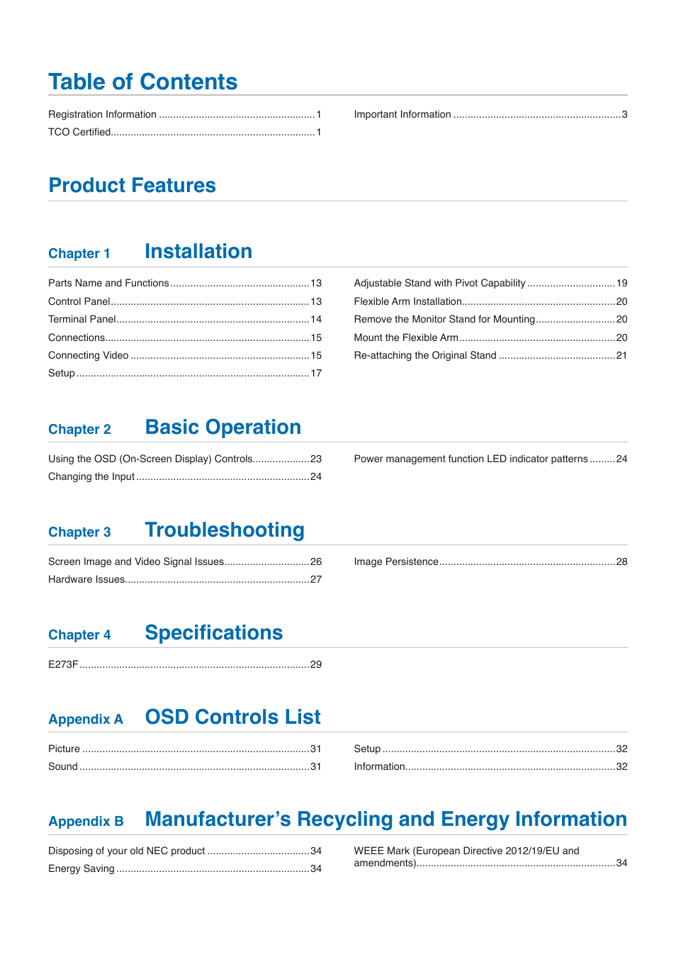 NEC MultiSync E273F-BK 27" 16:9 Full HD IPS Monitor User Manual | Page 2 / 36