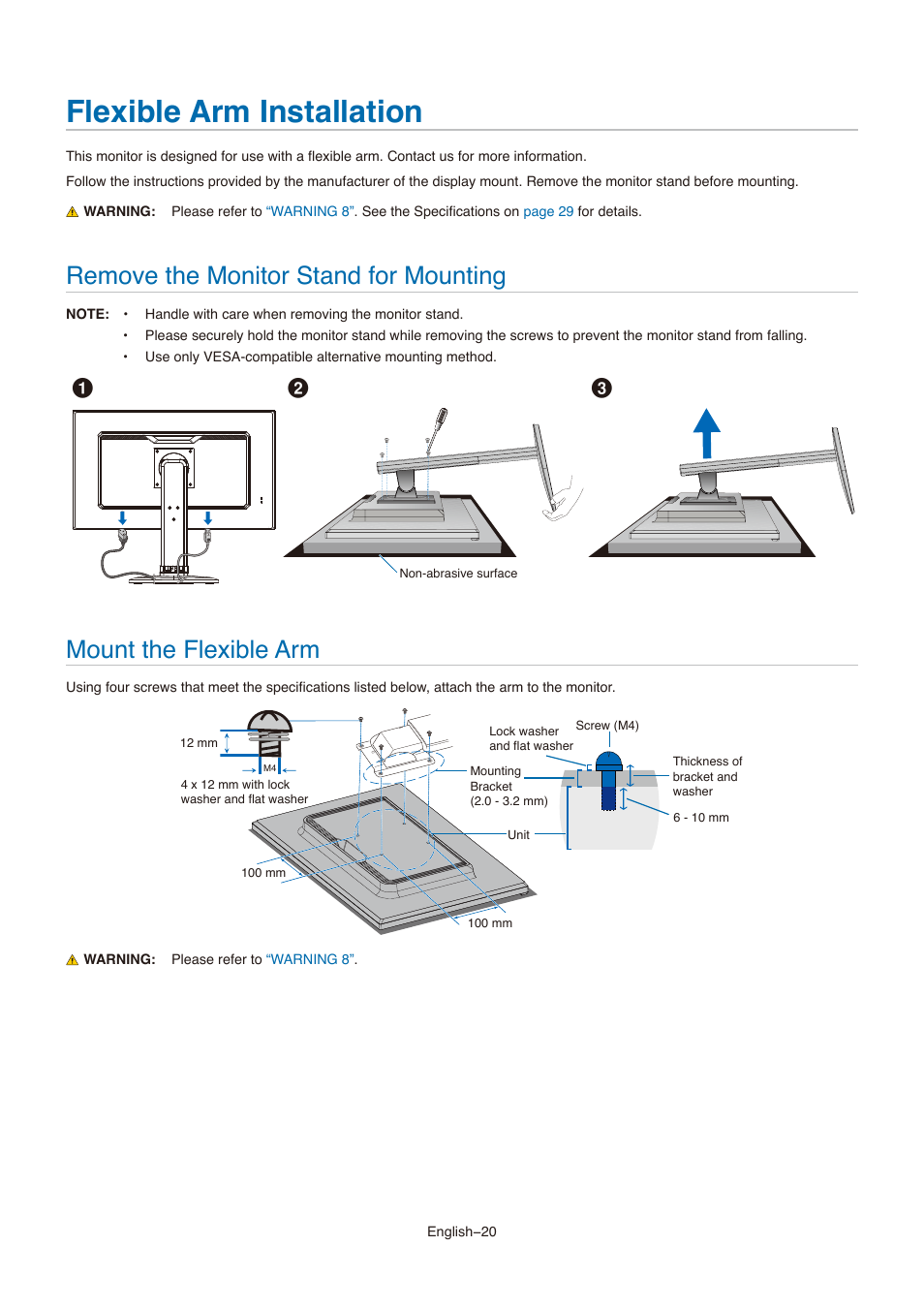 Flexible arm installation, Remove the monitor stand for mounting, Mount the flexible arm | NEC MultiSync E273F-BK 27" 16:9 Full HD IPS Monitor User Manual | Page 22 / 36