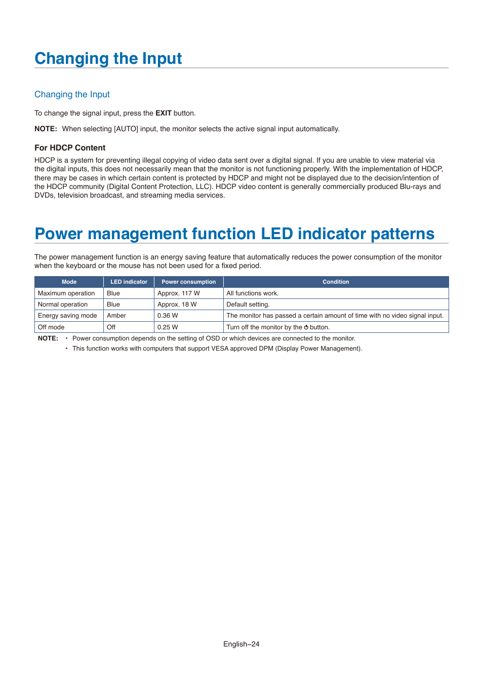 Changing the input, Power management function led indicator patterns | NEC MultiSync E273F-BK 27" 16:9 Full HD IPS Monitor User Manual | Page 26 / 36