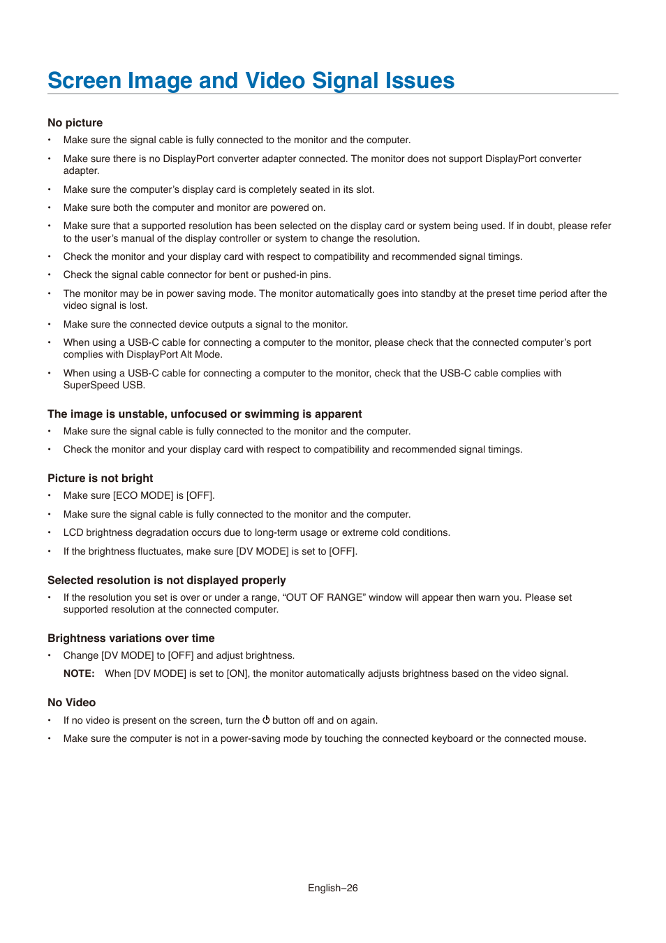 Screen image and video signal issues | NEC MultiSync E273F-BK 27" 16:9 Full HD IPS Monitor User Manual | Page 28 / 36