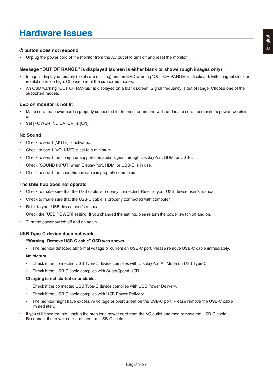 Hardware issues | NEC MultiSync E273F-BK 27" 16:9 Full HD IPS Monitor User Manual | Page 29 / 36