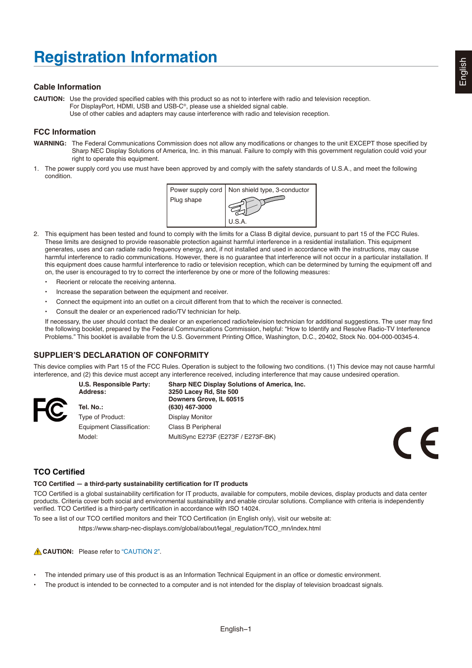 Registration information, Tco certified, Registration information tco certified | English | NEC MultiSync E273F-BK 27" 16:9 Full HD IPS Monitor User Manual | Page 3 / 36