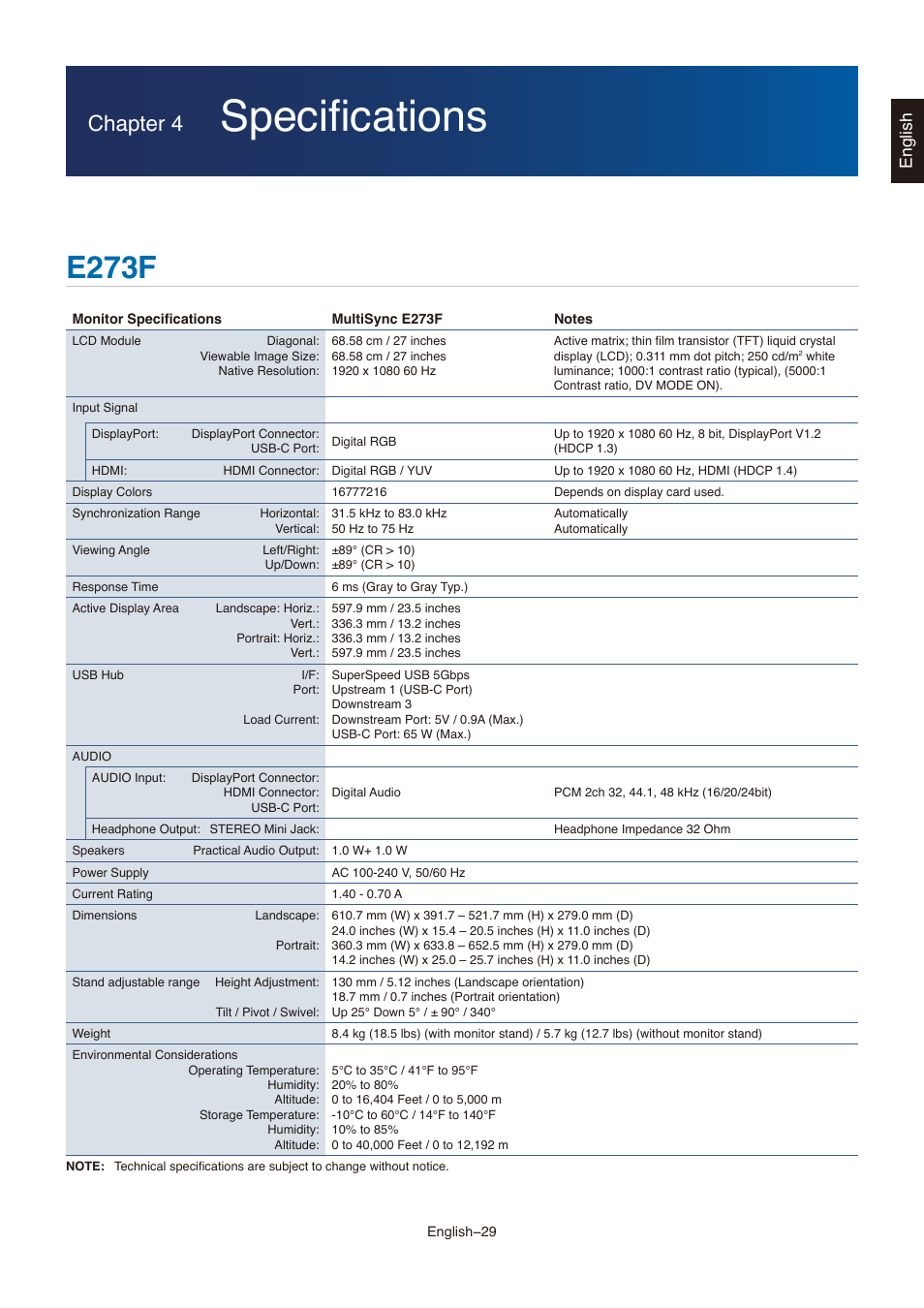 Specifications, E273f, Power supply | In the, For details, Chapter 4, English | NEC MultiSync E273F-BK 27" 16:9 Full HD IPS Monitor User Manual | Page 31 / 36