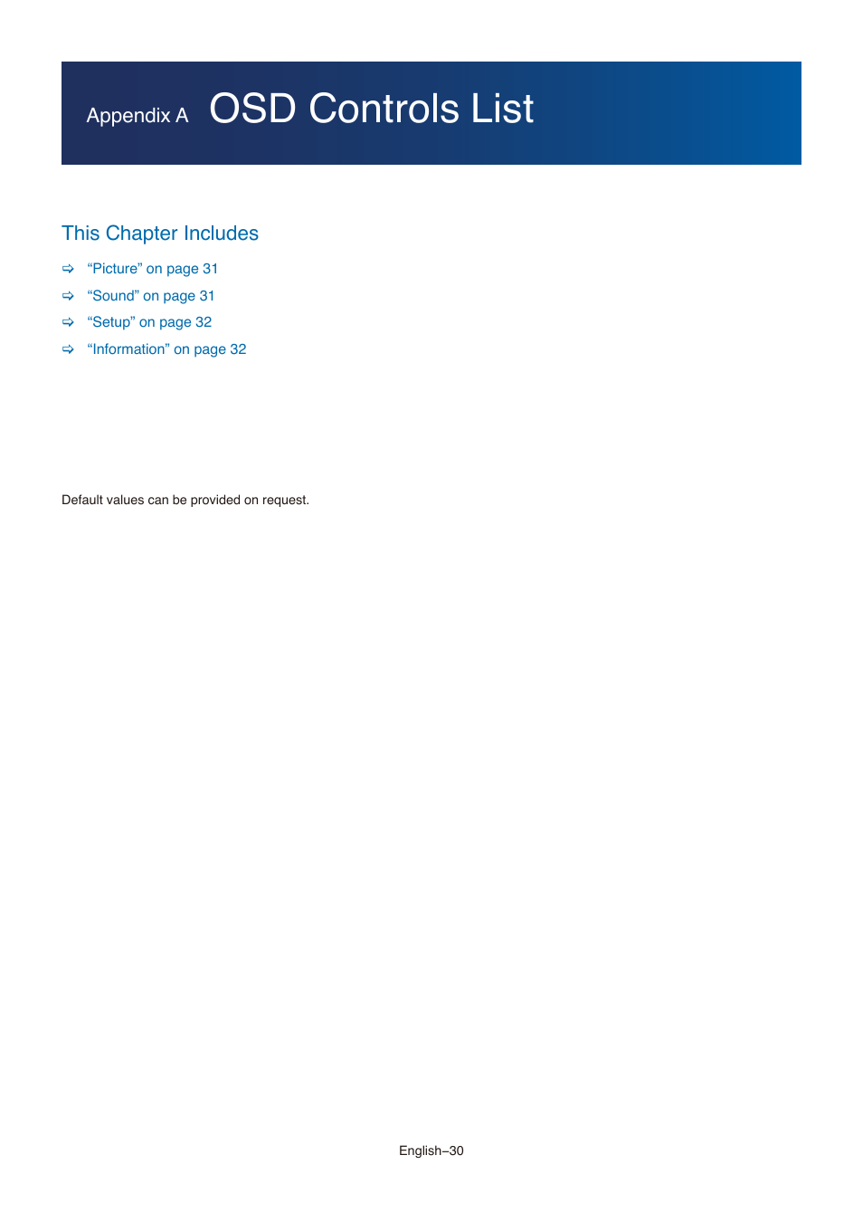 Osd controls list, Appendix a, This chapter includes | NEC MultiSync E273F-BK 27" 16:9 Full HD IPS Monitor User Manual | Page 32 / 36