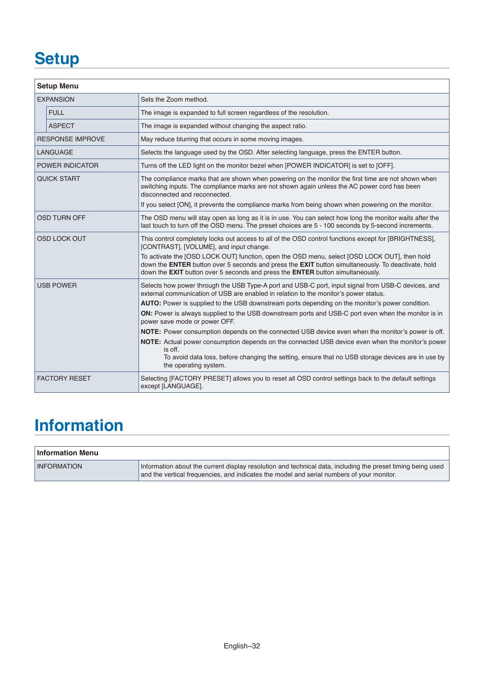 Setup, Information, Setup information | NEC MultiSync E273F-BK 27" 16:9 Full HD IPS Monitor User Manual | Page 34 / 36