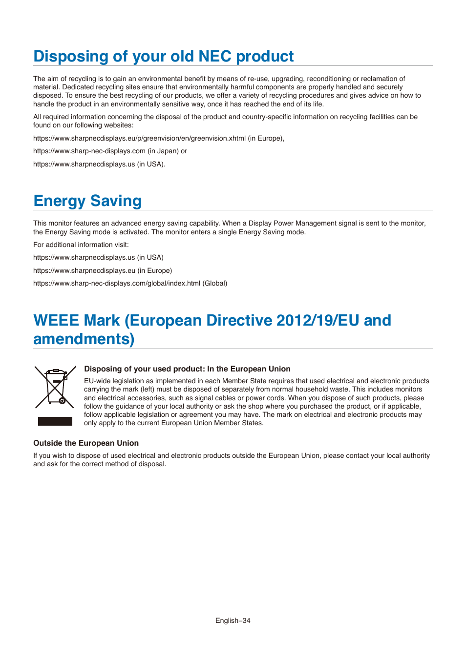 Disposing of your old nec product, Energy saving, Disposing of your old nec product energy saving | Weee mark (european directive 2012/19/eu and, Amendments), Disposing of your old oec product | NEC MultiSync E273F-BK 27" 16:9 Full HD IPS Monitor User Manual | Page 36 / 36