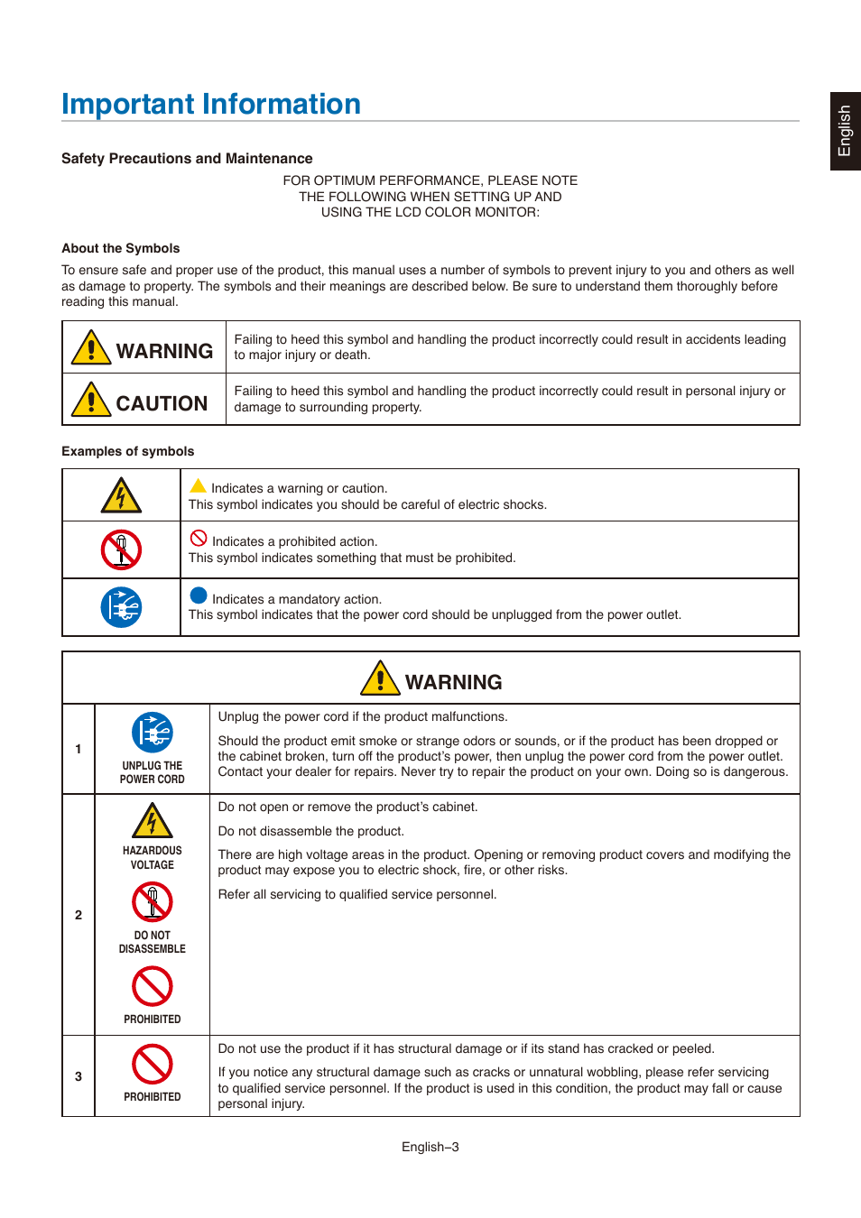 Important information, Aroion, Cautioo | NEC MultiSync E273F-BK 27" 16:9 Full HD IPS Monitor User Manual | Page 5 / 36