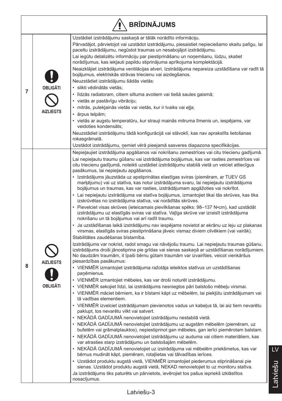 Latviešu, Brzdhājuái, Latviešu-3 lv | NEC MultiSync E274FL 27" Monitor User Manual | Page 101 / 176