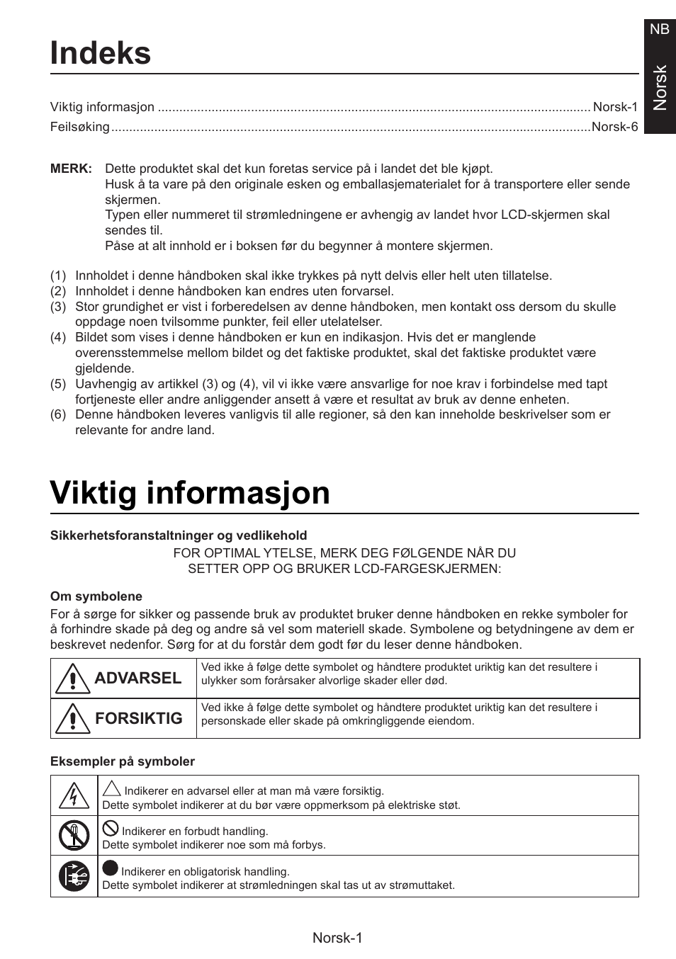 Konfigurasjonshåndbok, Indeks, Viktig informasjon | Norsk | NEC MultiSync E274FL 27" Monitor User Manual | Page 105 / 176