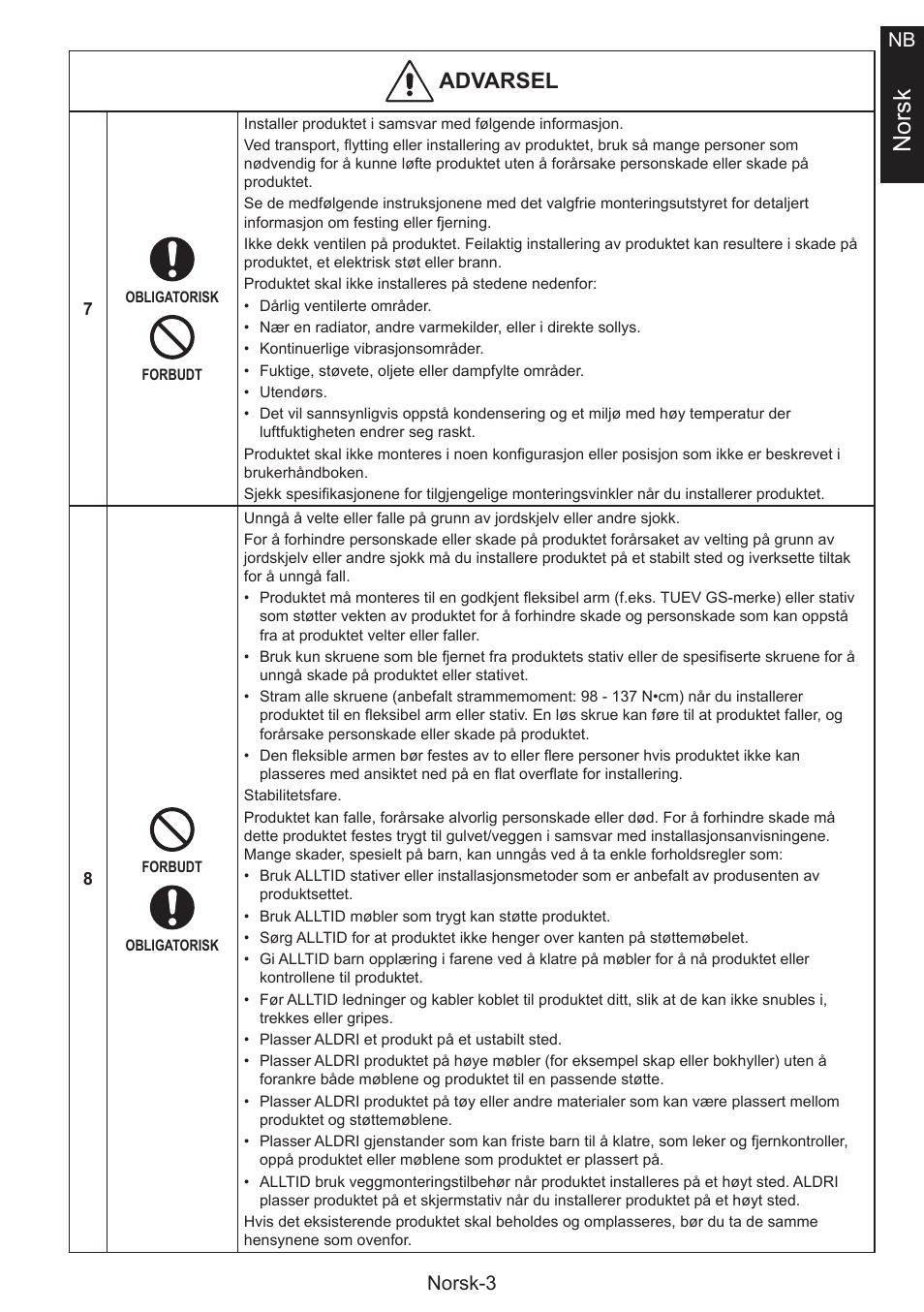 Norsk, Advarsel, Norsk-3 nb | NEC MultiSync E274FL 27" Monitor User Manual | Page 107 / 176