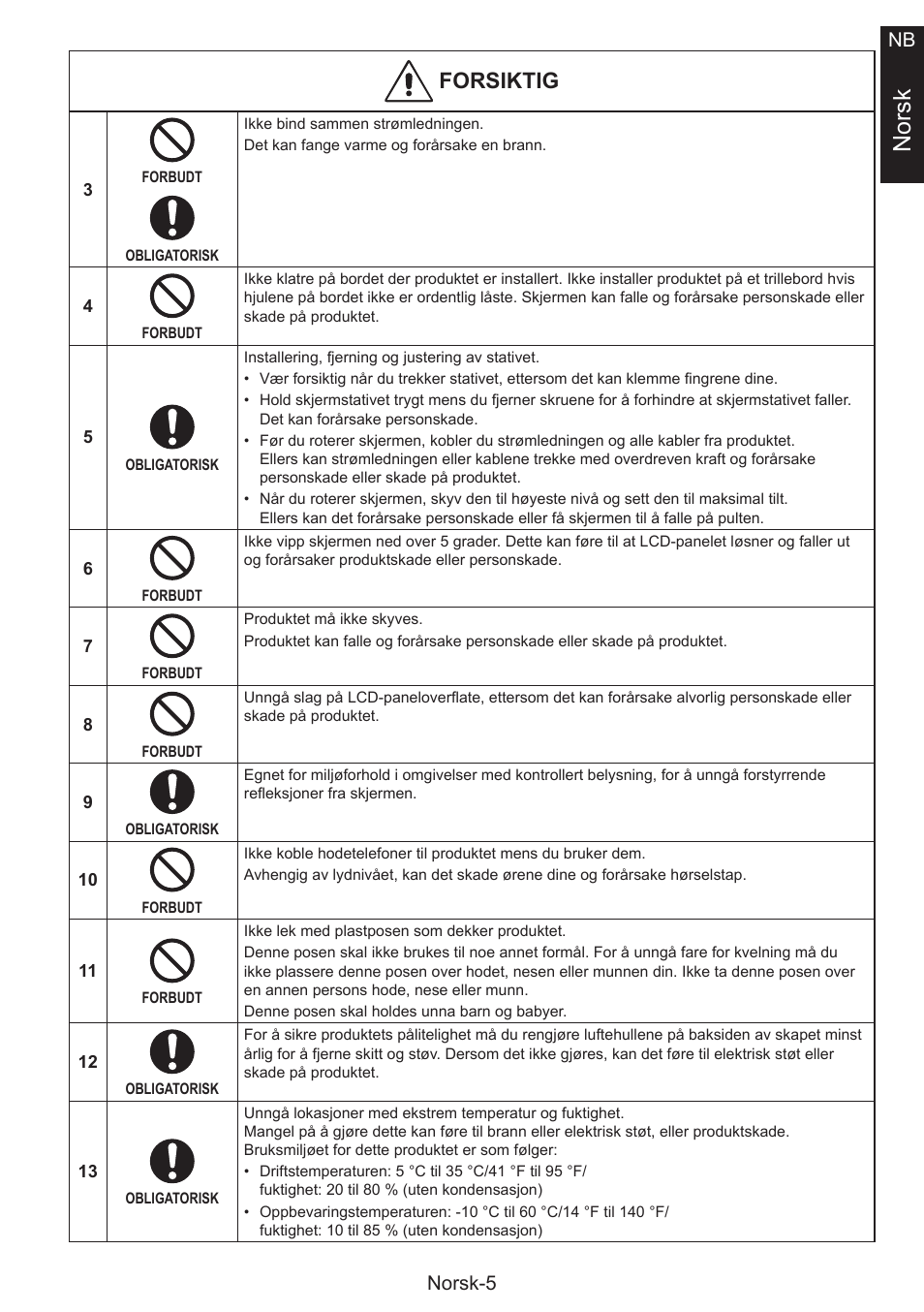 Norsk, Forsiktig, Norsk-5 nb | NEC MultiSync E274FL 27" Monitor User Manual | Page 109 / 176