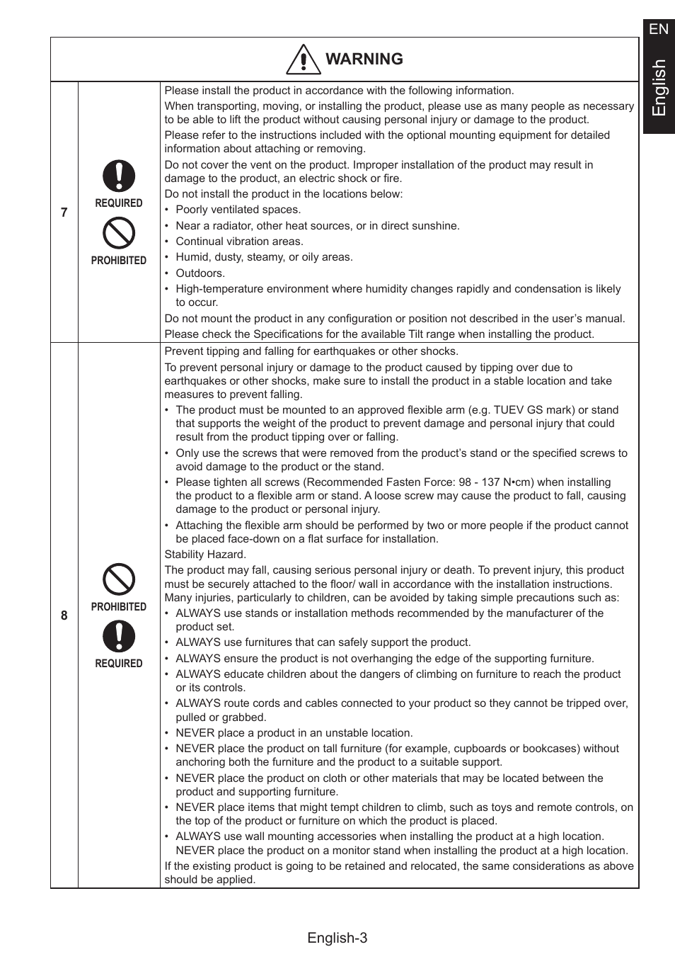 English, Warning, English-3 en | NEC MultiSync E274FL 27" Monitor User Manual | Page 11 / 176